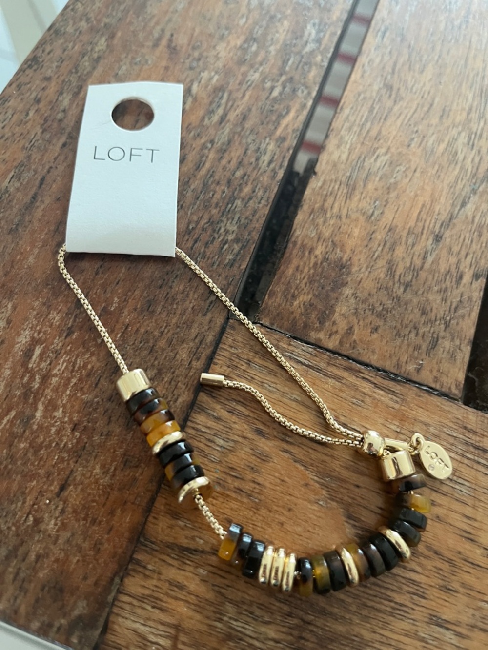 NWT LOFT Gold-Tone Beaded Slider bracelet in Black & Honey/tortoise